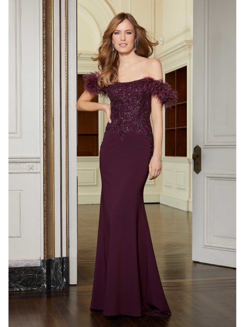 Beaded Plum Evening/Mother of the Bride Gown with Feather Sleeves MGNY 72621